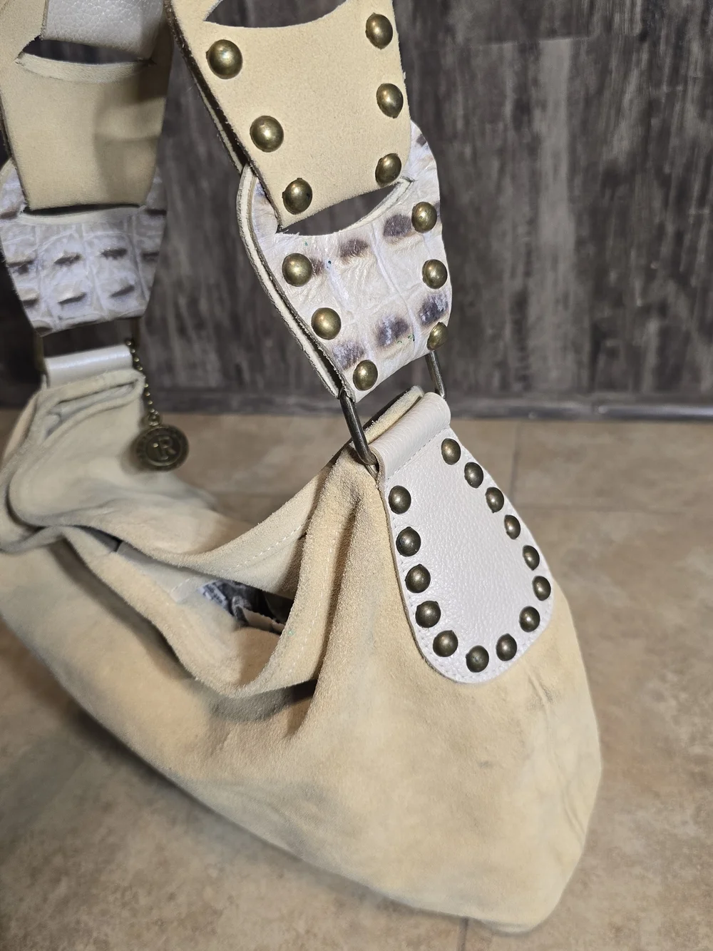 Leatherock Cream Suede Hobo Bag with White Strap Accents